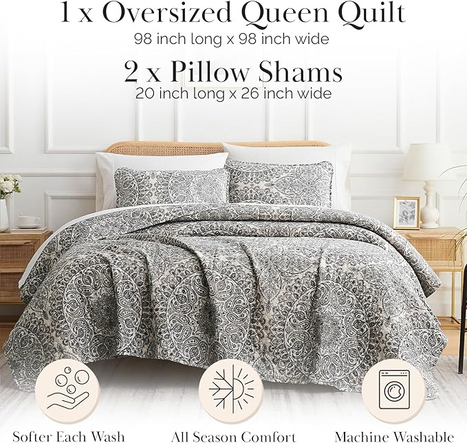 Southshore Fine Living, Inc. Ashanti Collection Oversized Quilt Queen Bedding Set Lightweight, Soft Coverlet Bedspread 3-Piece with Two Matching Shams (98 in Wide x 98 in Long), Full/Queen, Grey