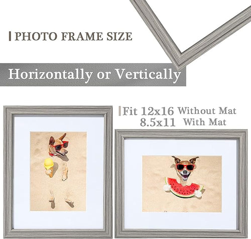 12x16 Picture Frame Grey Woodgrain 12 x 16 frames for Wall with Real Glass, 8.5x11 Frame Picture with Mat or 12x16 without Mat, Rustic Wooden Frame 12"x16" Art Frame Perfect for Gifts