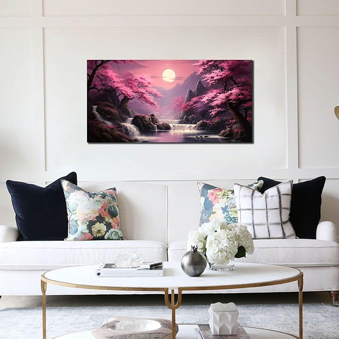 Landscape Wall Art for Living Room Bedroom Office Pink Wall Art Moon Lake Mountain Pictures Modern Artwork Framed Wall Decor Canvas Prints 20x40 Inch
