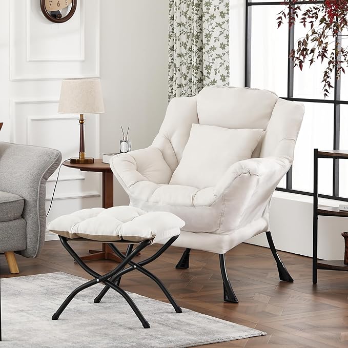 Lazy Chair with Ottoman, Large Lounge Accent Chair with Ottoman and a Throw Pillow, Beige Reading Chair for Living Room Bedroom Dorm Room Office Apartment Relaxing Use