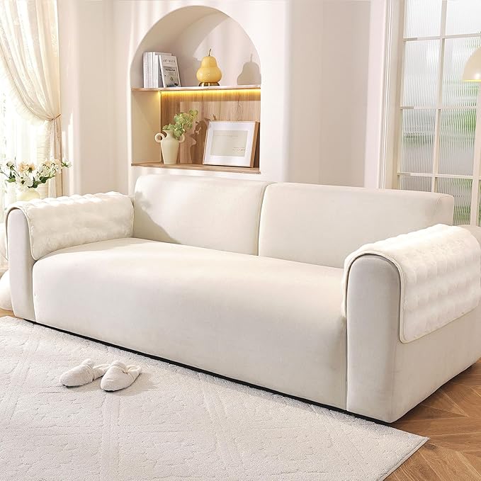 Non-Slip Couch Arm Covers,Thick Soft Recliner Arm Chair Covers Set of 2 Waterproof Armrest Covers for Sofa, Washable Faux Fur Sofa Arm Cover (Off White, 24" x 24" 2 Pack)