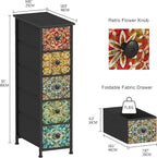 GiftGo Retro Skinny Dresser with Fabric Drawers Thin Slim Boho Mandala Flower Chest of Drawers Narrow Storage Tower for Small Spaces Gaps Bedroom Beautiful Nightstand Living Room Table