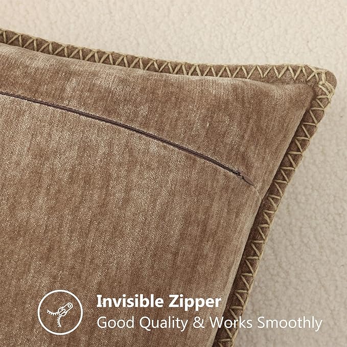 decorUhome Spring Chenille Soft Cozy Throw Pillow Covers 16x16 Set of 2, Modern Farmhouse Boho Velvet Decorative Pillow Cases with Stitched Edge for Couch Sofa Bed Home Decor, Brown