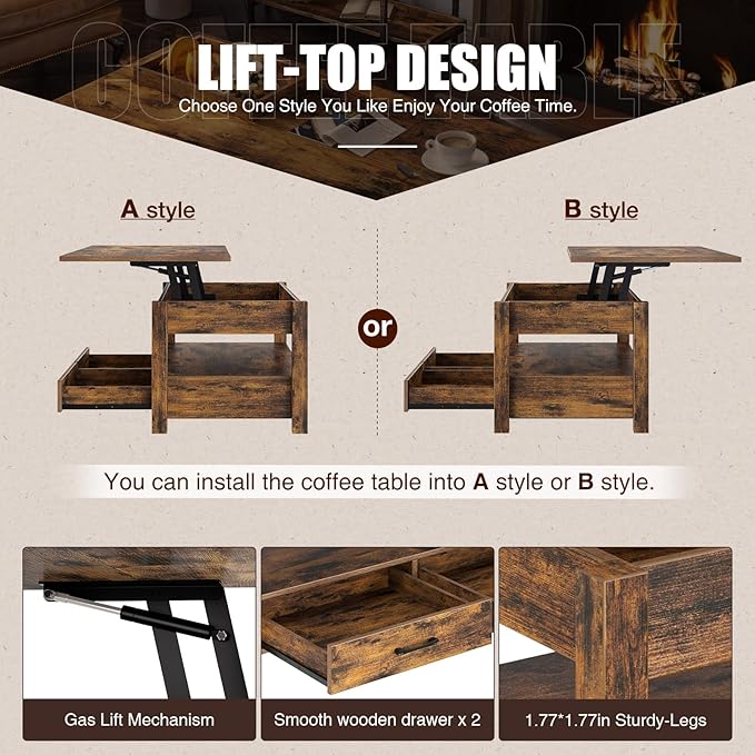 Rolanstar Coffee Table, Lift Top Coffee Table with Drawers and Hidden Compartment, Retro Central Table with Wooden Lift Tabletop, for Living Room,Rustic Brown