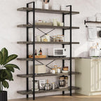 Bookshelf Set, Heavy Duty 6-Tier Industrial Bookcase, 47" Wide Wood Bookshelf for Home Office, 120lbs Shelf Capacity, Rustic Open Display with Horizontal Shelf for Living Room Bedroom, Grey