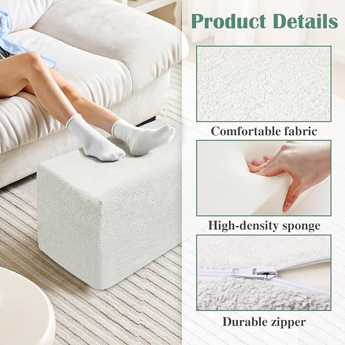 Rectangular Stuffed Pouf Ottoman with Foam Chunk Filling, Furry Fabric Design, Multi-Functional Floor Pouf for Living Room, White