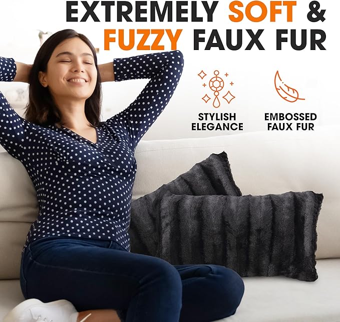 Cheer Collection Faux Fur Throw Pillows - Decorative Pillows for Couch, Bed Throw Pillows, Black Accent Pillows for Bedroom or Living Room Aesthetic, Set of 2 Furry Throw Pillows, 12" x 20"