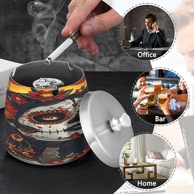 Girl Day Of The Dead Ashtray with Lid, Outdoor Ashtrays for Patio, Stainless Steel Ashtray Odorless Smokeless for Home Office Balcony