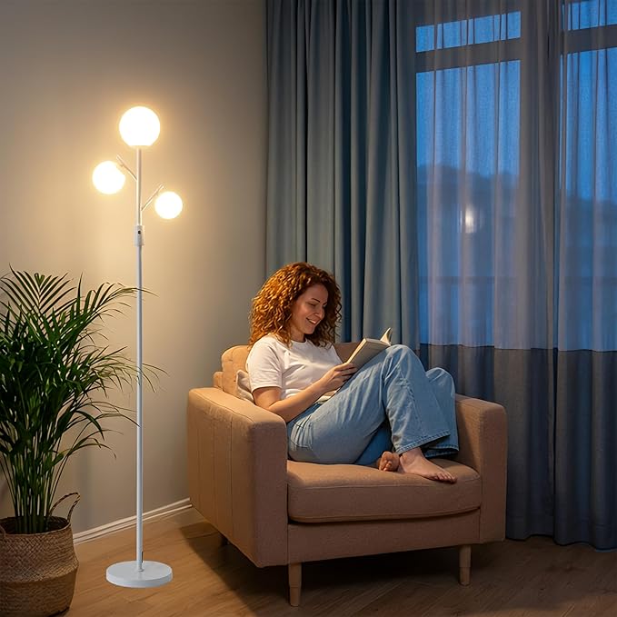 Fiqevs Dimmable White 3 Globe Floor Lamp with Frosted Glass Orb Shades and Bulbs Included, Elegant Mid Century Modern Standing Lamps, Tall Pole Light for Living Room Bedroom Office
