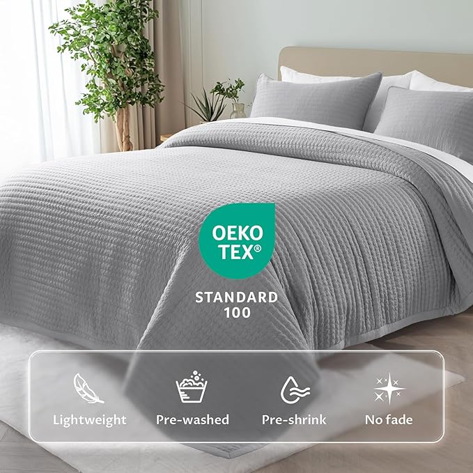 KASENTEX King XL Quilt Set 108"x98" – Soft Washed 3-Layer Lightweight Bedspread, Minimalist Nordic Design, All-Season Spring & Summer Quilt Set (1 Quilt + 2 Pillow Shams), Solid Grey