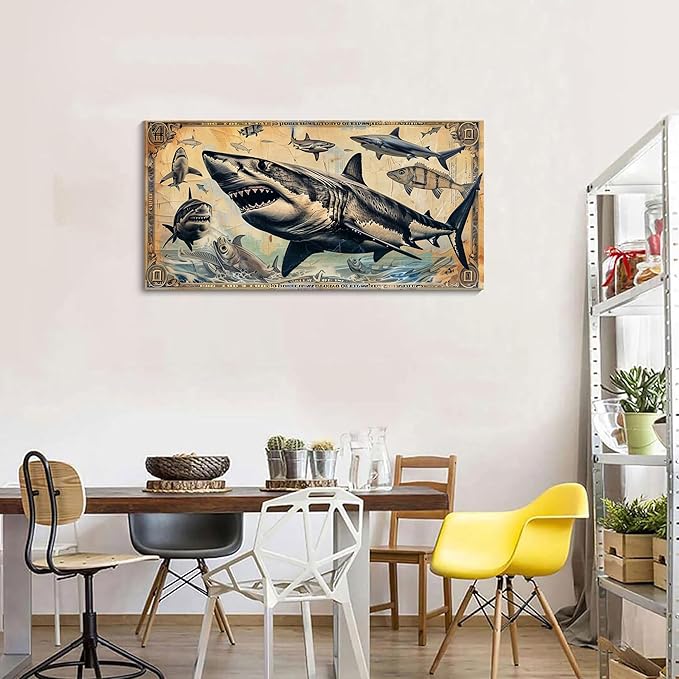 JEAWA Wall Art for Living Room, Vintage Dollar Background Cool Shark Marine Life Wall Painting Canvas Print Posters Ready to Hang Bedroom Bathroom Game Teenage Boy Room Home Decor 20x40 IN