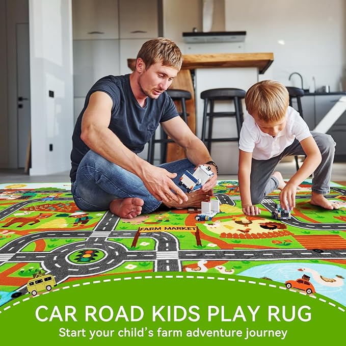 Kids Rug Play Mat for Toy Cars, 39.4" × 59" Farm Life Road Traffic for Playroom Kids Car Road Rugs Village Map Play Mat Non-Slip Washable Play Rug for Toddlers Boys Room Family Tummy Time Playtime