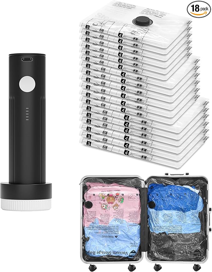SUOCO Travel Vacuum Bags with Portable Electric Pump, 18 Combo (6L/6M/6S) Compression Packing Seal Cubes for Clothing Suitcase Luggage Organizer, Space Saver Clothes Storage Bags