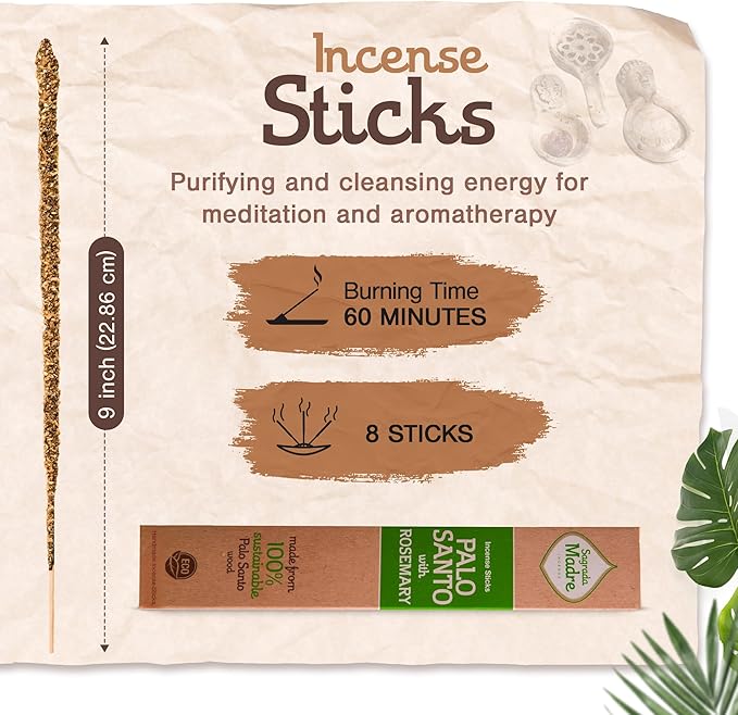 Sagrada Madre 8pcs Wildly Harvested Thick Palo Santo Incense Sticks (Rosemary), 9” Long - Eco Friendly, Non-Toxic, Aromatic Incense Sticks (1hr Burning Time) to Heal & Calm Your Body and Environment