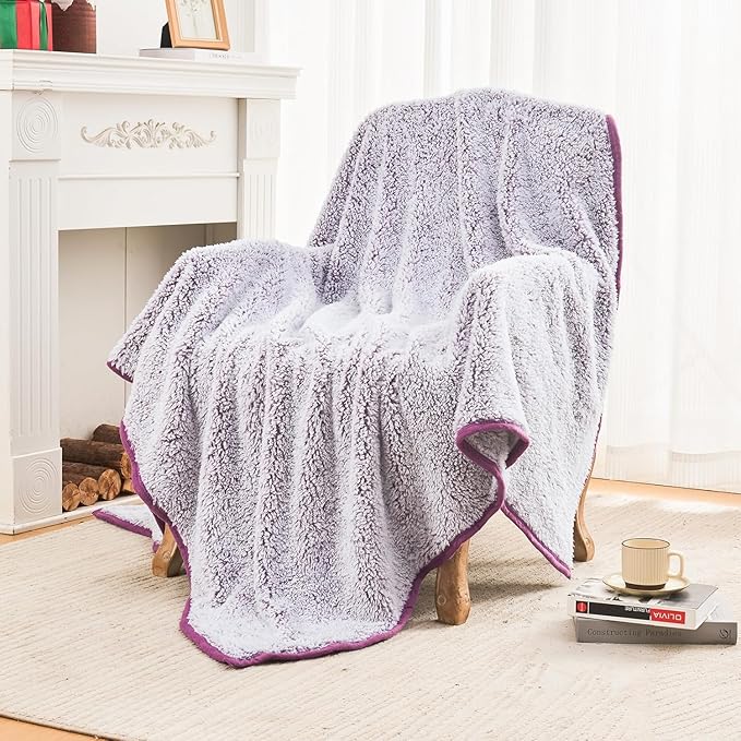 EMME Soft Sherpa Fleece Blanket Reversible Plush Fluffy Large Blanket, Light Weight Warm Decorative Boho Blanket Cover for Sofa, Couch, Bedroom,Travel(Plush Purple,50"x60")