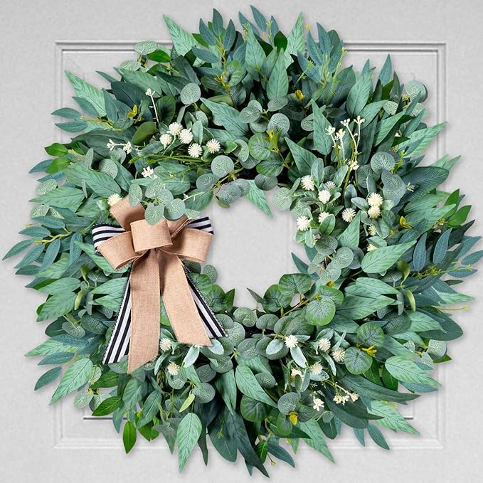 26'' Large Wreaths for Front Door Year Round, Spring Summer Artificial Green Eucalyptus Wreath with Buffalo Burlap Bow, Farmhouse Home Decor for Window Porch Holiday Housewarming
