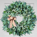 26'' Large Wreaths for Front Door Year Round, Spring Summer Artificial Green Eucalyptus Wreath with Buffalo Burlap Bow, Farmhouse Home Decor for Window Porch Holiday Housewarming