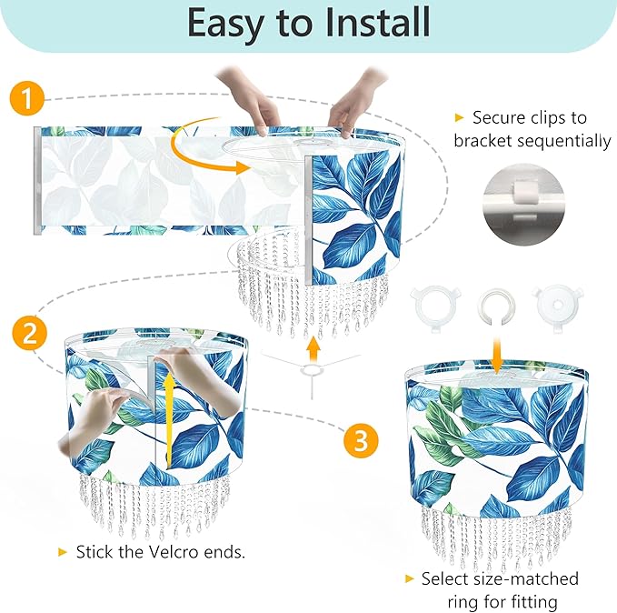 Blue Leaf Tropical Leaf Lamp Shade with Acrylic Bead Droplets, Drum Fabric Light Shade for Ceiling Pendant Table or Floor Lamps, Botanical Nature Home Decor, 15.7in