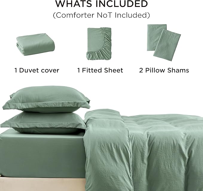 Bedsure Duvet Cover Full Size with Fitted Sheet - 4 Pieces Prewashed Cotton-Like Polyester Extra Soft Bedding Set, Includes 1 Duvet Cover 80x90 Inches, 2 Pillow Shams, 1 Fitted Sheet, Sage Green