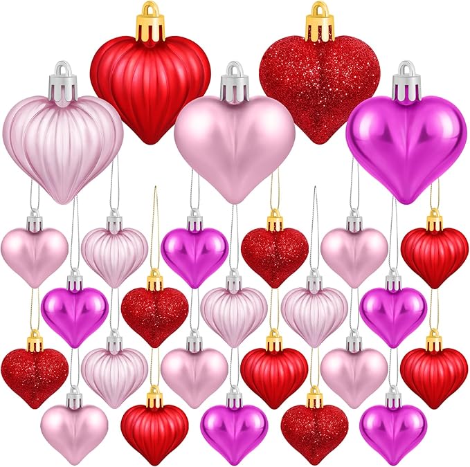 Elcoho 48 Heart Shaped Baubles Hanging Ornaments, Pink, Plastic, Valentine's Day, Christmas, New Year, Wedding, Anniversary