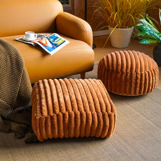 Unstuffed Pouf Ottoman Cover Soft Storage Extra Seat Farmhouse Comfortable Bohemian Poufs Accent Footrest 20x20x8 Inches for Living Room Bedroom Study Nook (Caramel, Square)