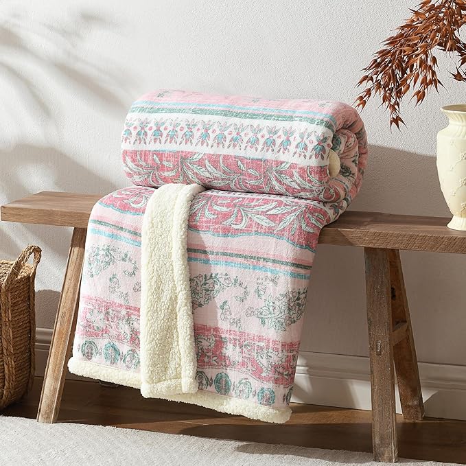 Boho Chic Sherpa Throw Blanket - Vibrant Bohemian Print & Ultra-Soft Cozy Lining, Stylish & Warm Winter Throw for Couch, Bed, or Décor