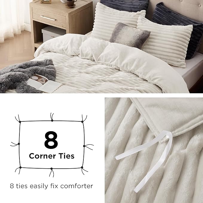 Bedsure Fluffy Duvet Cover Set - Ultra Soft Plush Shaggy Comforter Cover Queen Size, Warm Flannel Fleece Bed Sets for Winter, 3 Pieces (Striped Pattern, Linen)