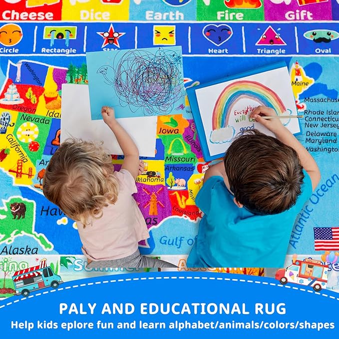 USA Map ABC Kid Rug for Playroom 59"×39.4" Geography Classroom Play Rug Educational Baby Playmat Alphabet Mat State Symbols, ABC Letters, Numbers, Seasons&Shapes Non-Slip Preschool Nursery Playmat