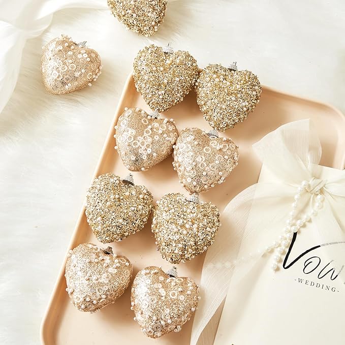 Champagne Christmas Ball Heart Ornaments 10Pcs Glitter Sequin Heart Shaped Baubles Decoration Valentines Pearl Foam Hanging Decor(2.36in)