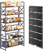 4NM Extra Wide 6 Tiers No Assembly Book Shelves, 61.8" H Folding Bookshelf Bookcase Open Industrial Foldable Shelves for Bedroom, Living Room, Home Office - All Black