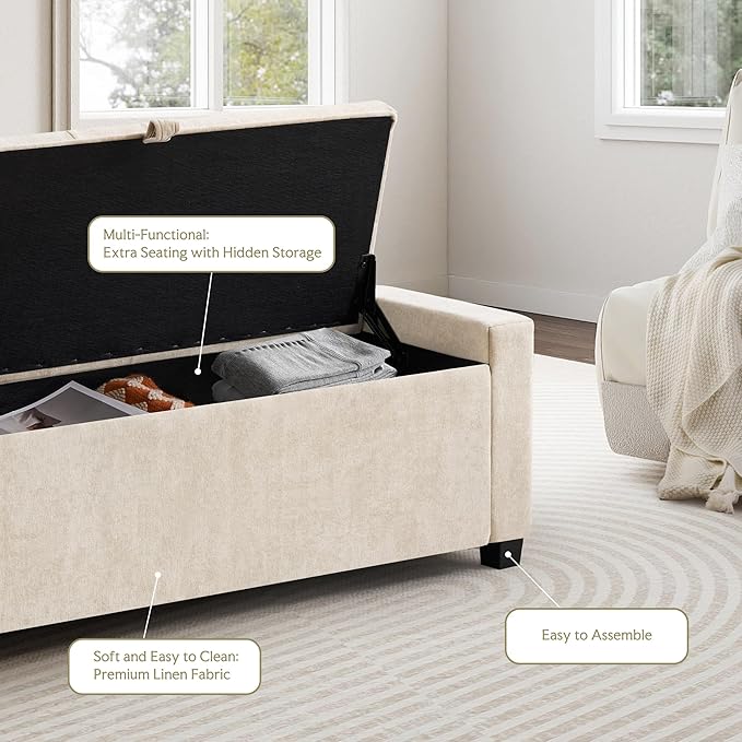 GRAINELL Storage Ottoman Bench, Upholstered Tufted Bedroom Bench with Storage, End of Bed Storage Bench for Living Room & Entryway, 350 lb Capacity, Linen Beige