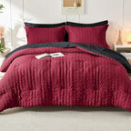 HYMOKEGE Red & Black Queen Comforter Set Seersucker 7 Pieces, All Season Luxury Bed in a Bag for Bedroom, Bedding Set with Comforters, Sheets, Pillowcases & Shams