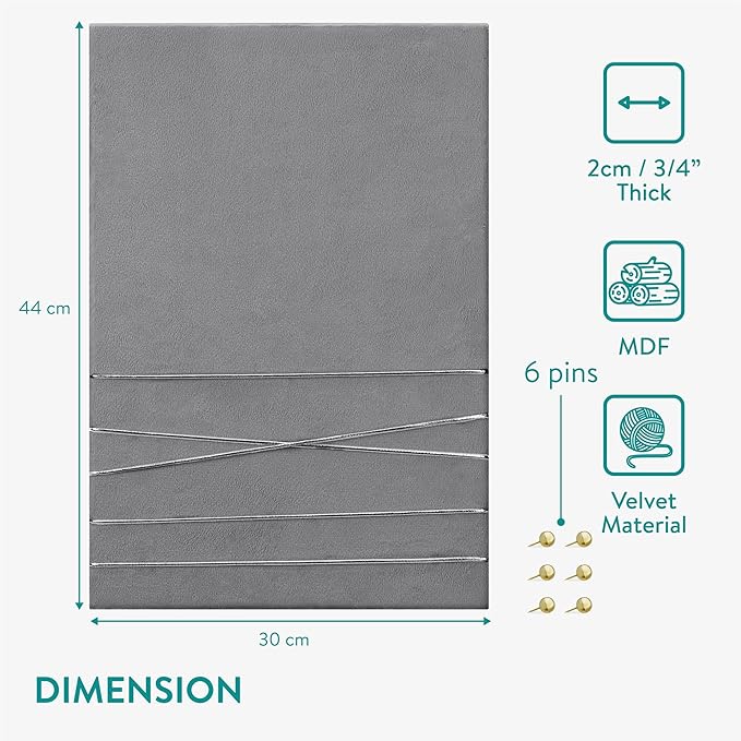 Navaris Fabric Memo Bulletin Board - 12" x 17" Velvet Memory Board for Wall to Display Photo Collages, Pictures, Notes - Includes 6 Push Pins - Gray