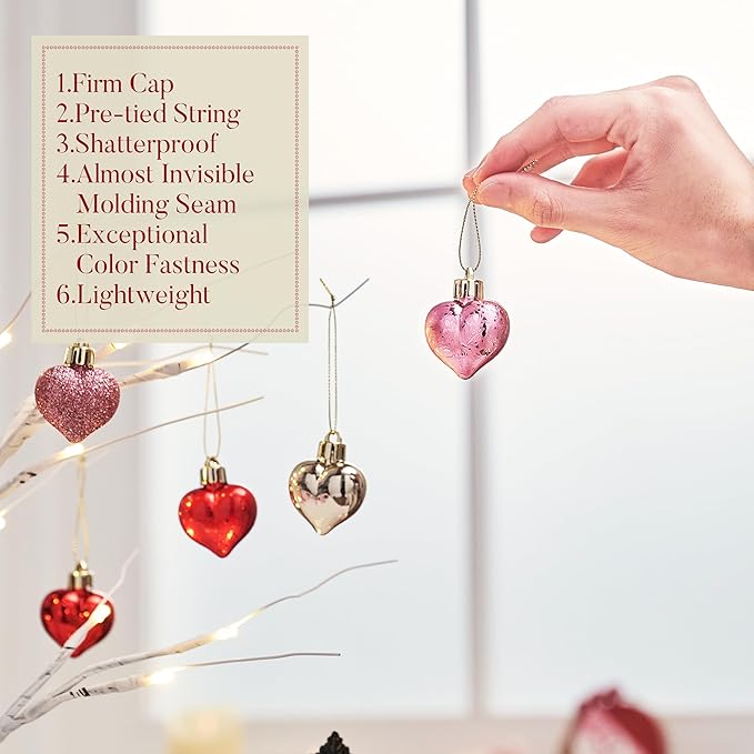 Valery Madelyn 25Pcs Valentine's Day Heart Shaped Ornaments Gift Pack, Christmas Craft Heart Decorations, Red Pink Gold Christmas Baubles Hanging Party Wedding Decor