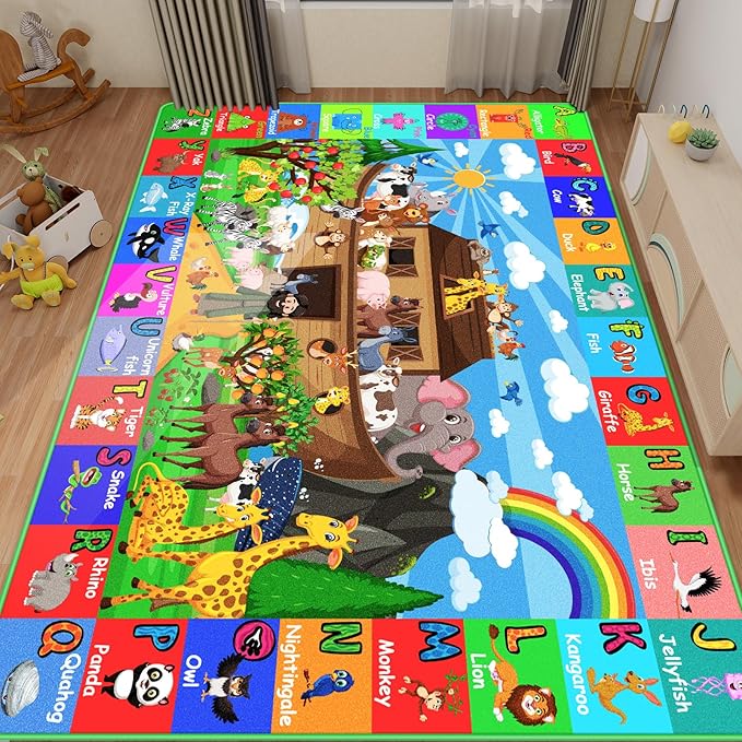 ABC Kids Rug for Playroom 78.7×59 in Noah's Ark Animals Rug Baby Play Mat Alphabet Playmat Shape Color Classroom Carpet Kids Playroom Early Learning Carpet for Preschool Toddlers Tummy Time
