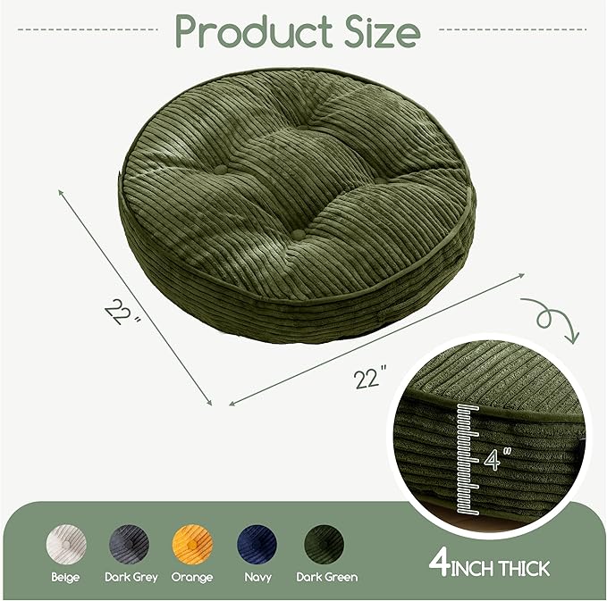 Washable Floor Pillow Cushion for Adults, Meditation Cushion Pillow, Large Round Floor Sitting, Removable Tufted Corduroy Cover, for Tatami Living Room or Yoga, 22x22 Inch, 2Pack, Machine Washable