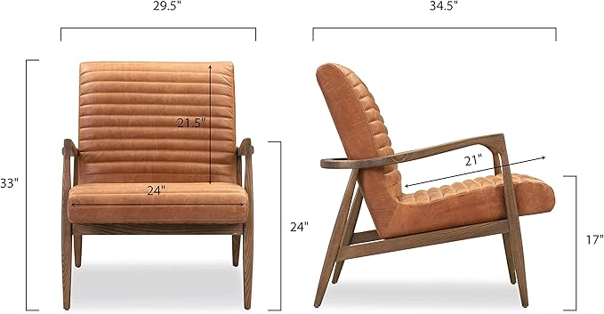 Poly & BARK Rowan Lounge Chairs Set of 2 – Mid Century Modern Leather Armchairs with Ribbed Seat and Solid Ash Wood Frame, Cognac Tan