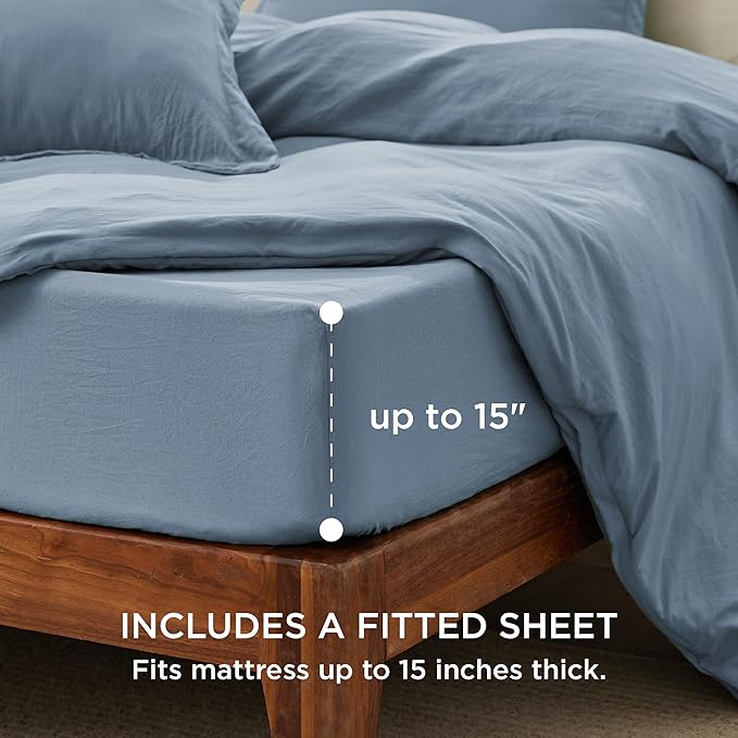 Bedsure Duvet Cover Queen Size with Fitted Sheet - 4 Pieces Prewashed Cotton-Like Polyester Extra Soft Bedding Set, Includes 1 Duvet Cover 90x90 Inches, 2 Pillow Shams, 1 Fitted Sheet, Mineral Blue