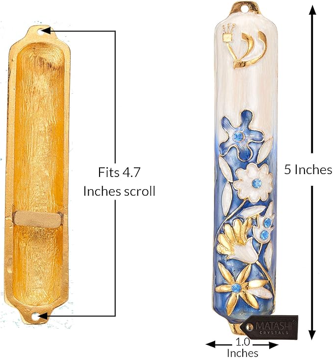 Matashi Hand Painted Blue and Ivory Enamel Flower Mezuzah Embellished with Gold Accents and Crystals Home Door Wall Decor Housewarming Present Gift for Festival(5.5 inch)