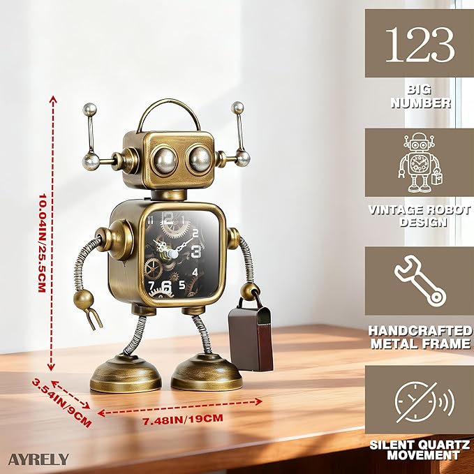 AYRELY® Industrial Steampunk Robot Table Clock,Battery Operated Handcrafted Metal Desk&Shelf Clock,Retro Mechanical Decorative Clock for Home,Living Room,Fireplace Decor