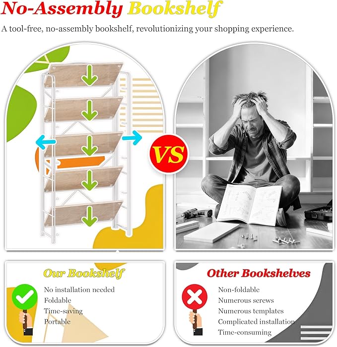UDD Folding Bookshelf No Assembly, 54.1" H x 23.7" W, 5 Shelf Foldable Bookcase Industrial Collapsible Bookshelves, Open Storage Book Shelves for Small Spaces Home Office Living Room, Light Oak White
