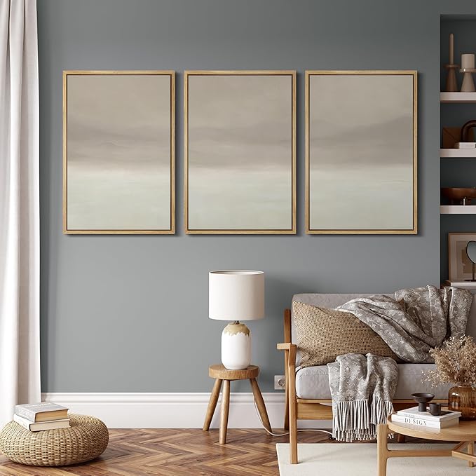 MUDECOR Framed Wall Art Print Set Misty Horizon Minimalist Foggy Mountain Landscape in Soft Neutral Tones Illustrations Realism Decorative for Living Room, Bedroom, Office - 16"x24"x3 Natural