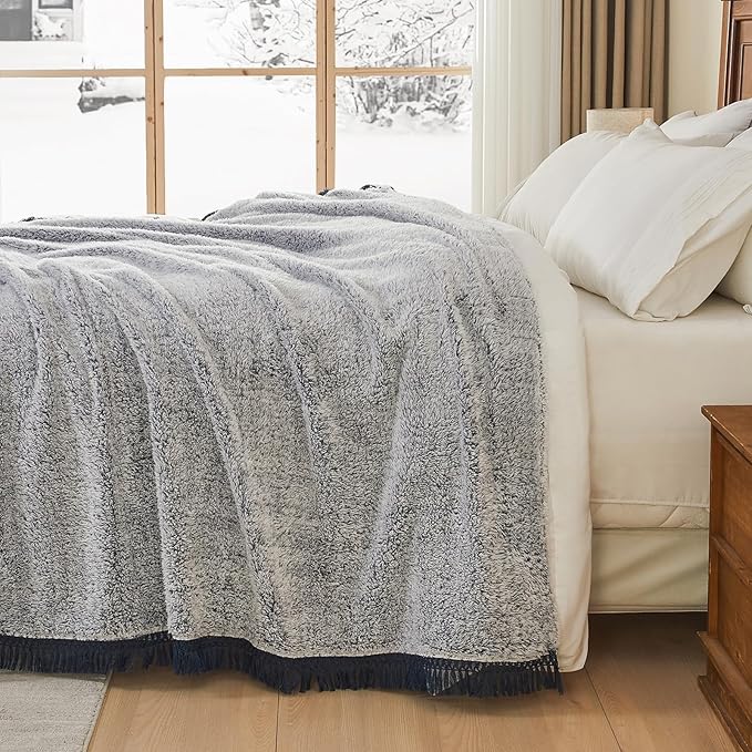 EMME Soft Sherpa Fleece Blanket with Tassel, Reversible Plush Fluffy Large Blanket, Light Weight Warm Decorative Boho Blanket Cover for Sofa, Couch, Bedroom,Travel(Tassel Navy,90"x90")