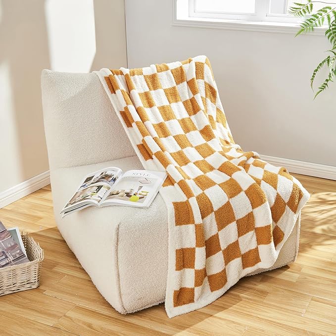CozeCube Super Soft Fullfy Microfiber Reversible Knitted Blankets, Warm Cozy Fuzzy Plush Throw, Orange and White Checkered Throw Blanket for Couch Bed Sofa, 50" x 60"