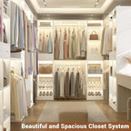 Unikito 58" W - 90" W Closet System, Large Walk in Closet Organizer with 3 Hanging Rods and Shelves, Heavy Duty Wood Closets Wardrobe with 2 Drawer & Shoe Rack, Sturdy Reversible Clothing Racks, White