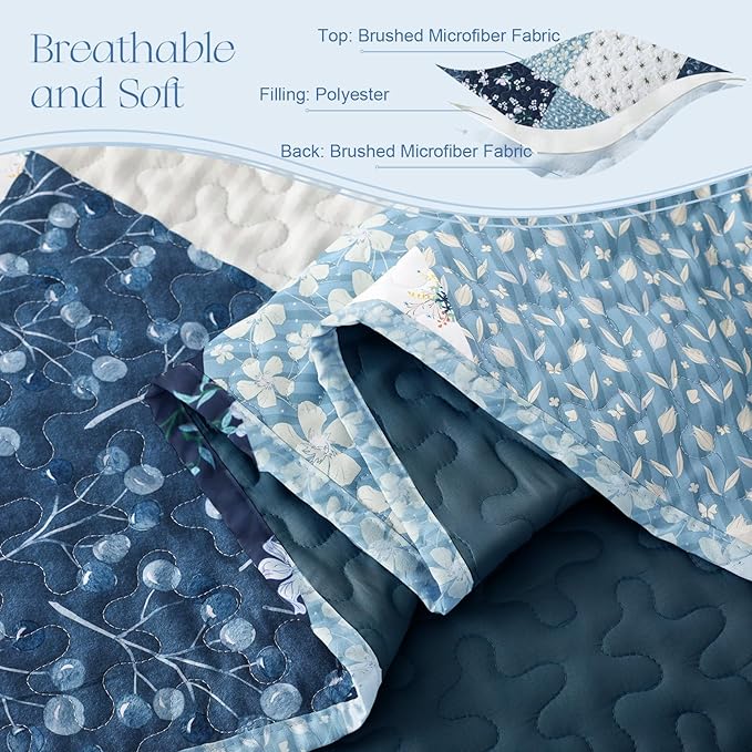 Exclusivo Mezcla Reversible Boho Quilts Twin Size, Blue Bedspreads Lightweight Coverlet All Season Patchwork Quilt Bedding Set with Printed Floral Pattern (1 Quilt, 1 Pillow Sham)