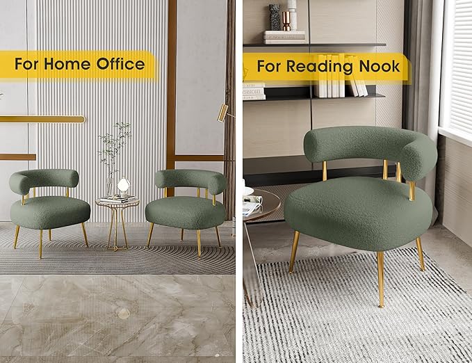 Mid Century Sherpa Boucle Accent Chair, Round Upholstered Barrel Arm Chair for Small Spaces, Fluffy Side Corner Sofa Chair for Living Room, Bedroom, Vanity, Office, Reading Nook(Green)