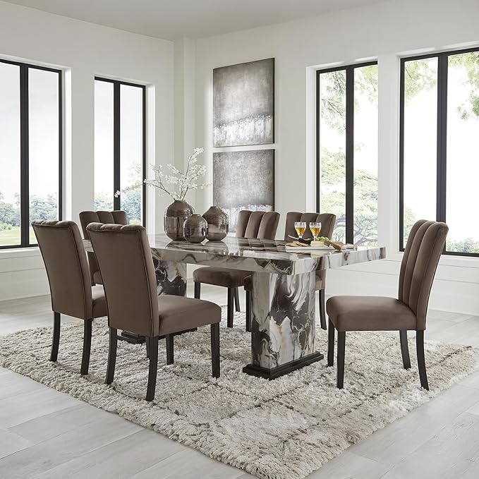 Signature Design by Ashley Jazmore Contemporary Velvet Upholstered High Back Dining Chair with Solid Wood Frame and Stitching Details, Set of 2, Dark Brown