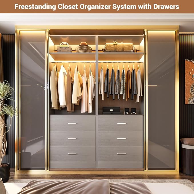 Closet System Set of 2, 4FT Closet Systems with 6 Wood Drawers, 48" Closet Organizer System with 2 Hanging Rods & 2 Shelves, Heavy Duty 48 Inch Walk-in Closet, Grey (48"L x 15" W x 80" H)