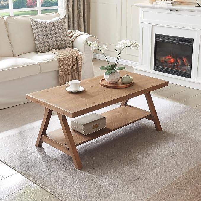 Farmhouse Coffee Table,Solid Wood Center Tables with Storage Shelves & Sturdy A-Shaped Legs, Modern Rustic 2-Tier Rectangular Table for Living Room and Office, Natural